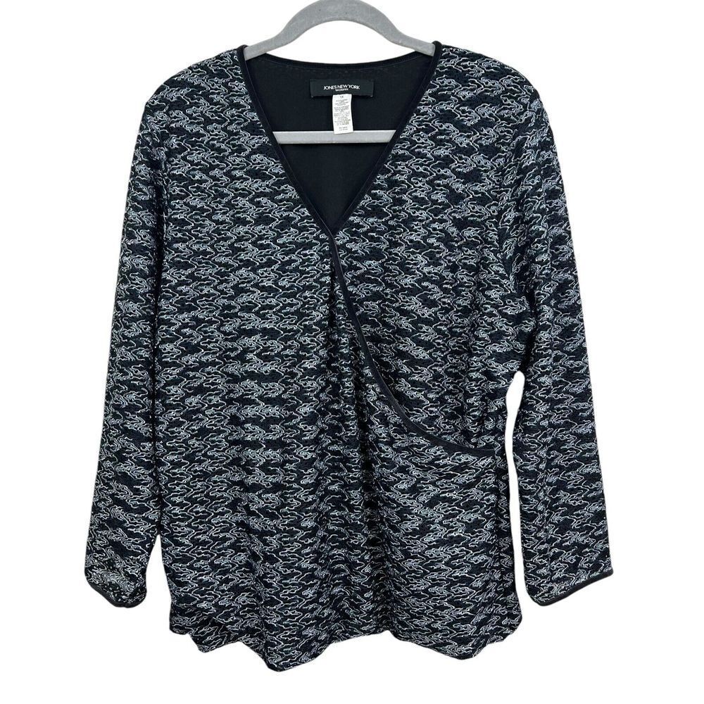 Jones New York Womens Blouse Top Lace Eyelet Faux Wrap Stretch Black Blue Sz 1X*